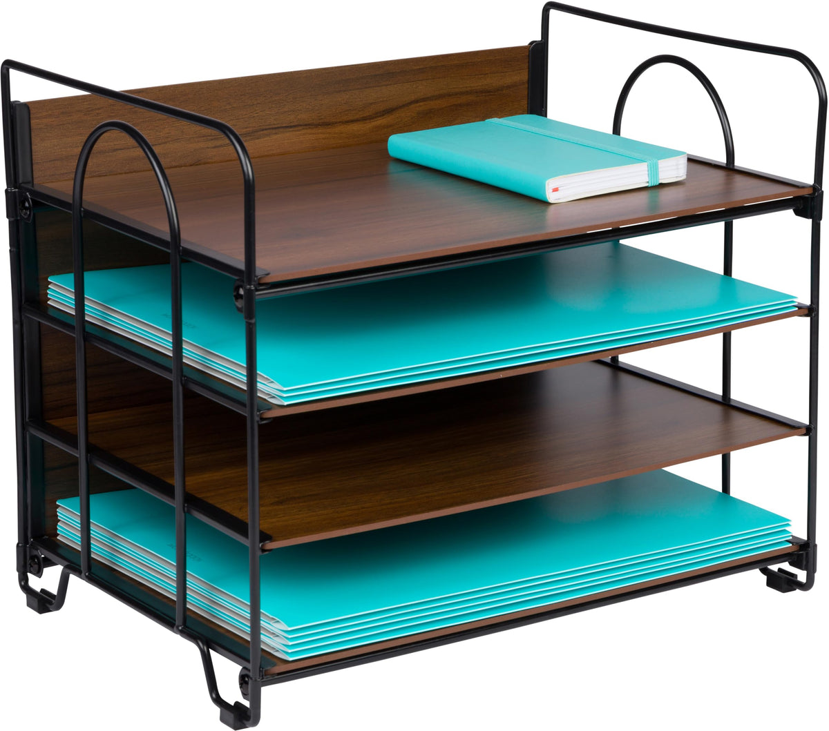 4-Tier Office Organizer, Desk File Organizer with Wood Patterned Shelves, Office Supplies Desktop