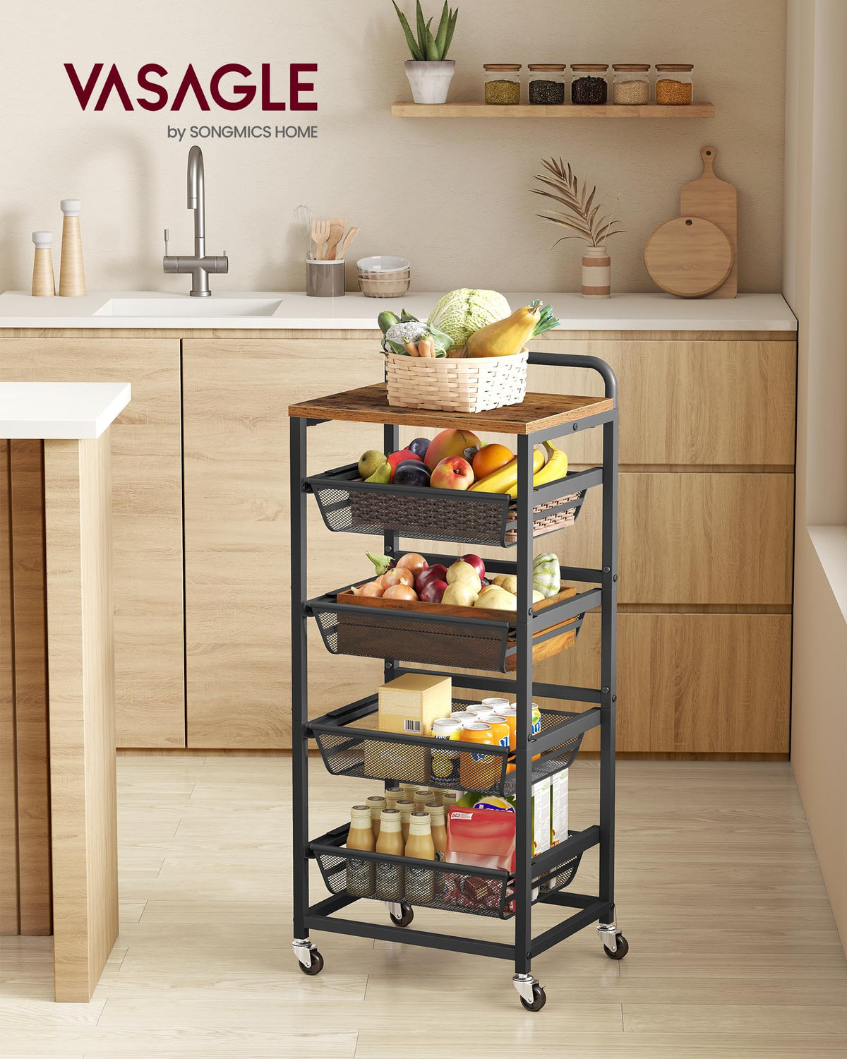 VASAGLE 5-Tier Storage Rolling Cart Organizer with Pull-Out Baskets