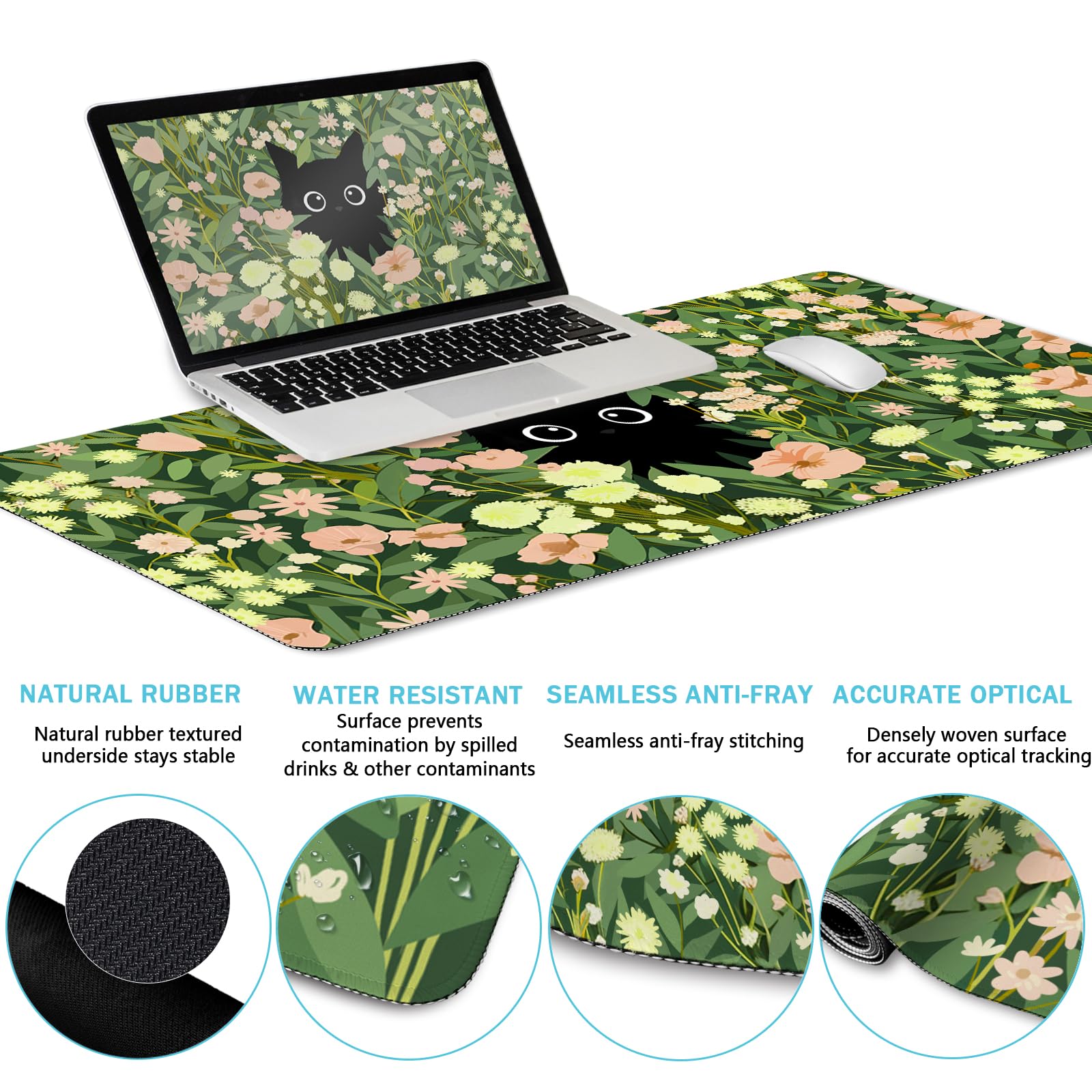 Blusabaca Black Cat Mouse Pad, Funny Cute Desk Mat Office Accessories Decor