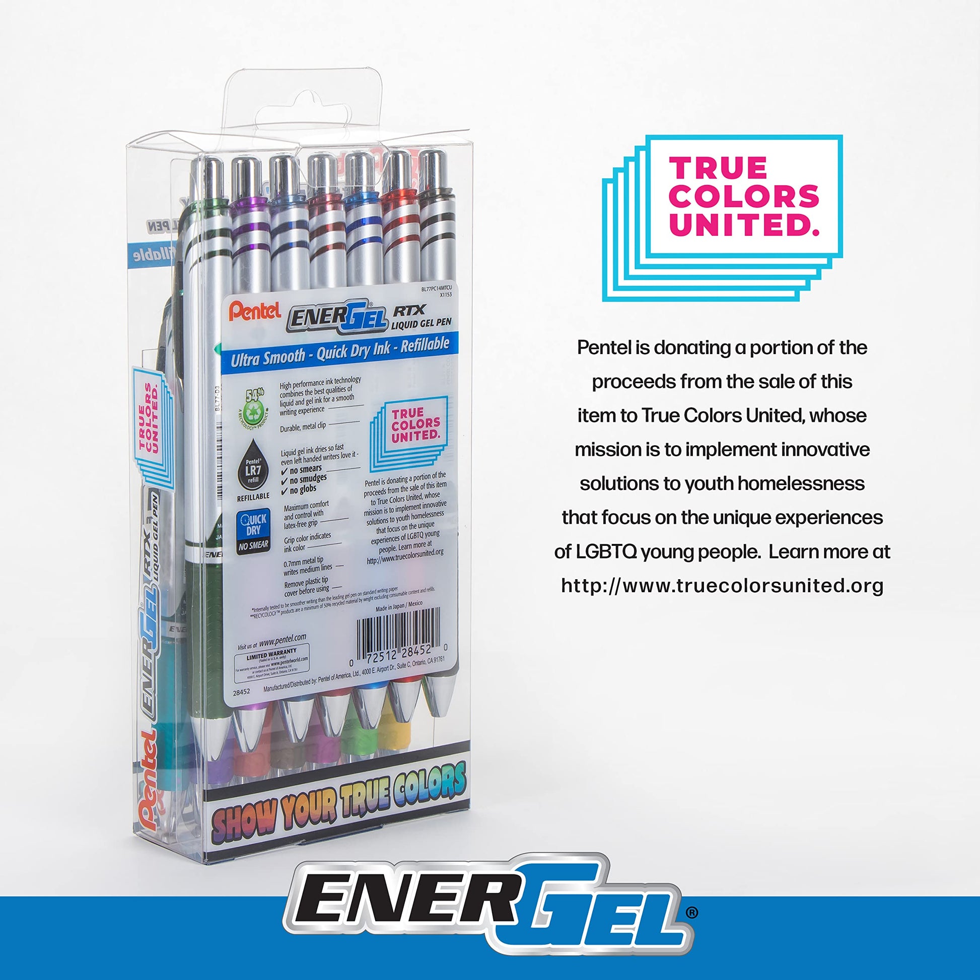 Pentel EnerGel RTX True Colors United 0.7mm, Medium Line, 14 Assorted Ink Colors, Pack of 14 pens