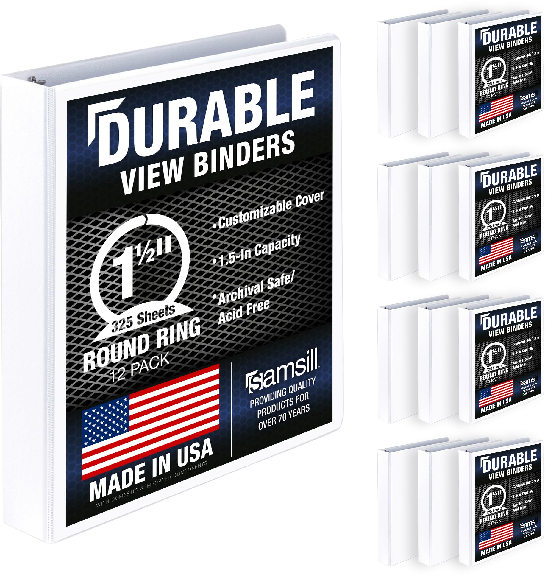 Samsill 12 Pack Durable 1.5 Inch 3 Ring Binders, Round Ring, Clear View Cover for Presentations