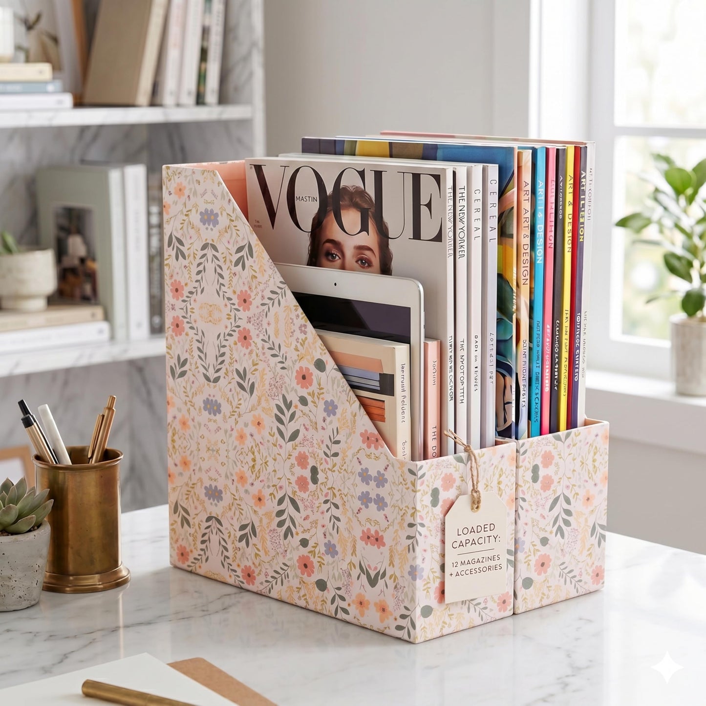 BLU MONACO | Cardboard Magazine File Holder Set of 4 | Standing File Holder with Floral Boho Design