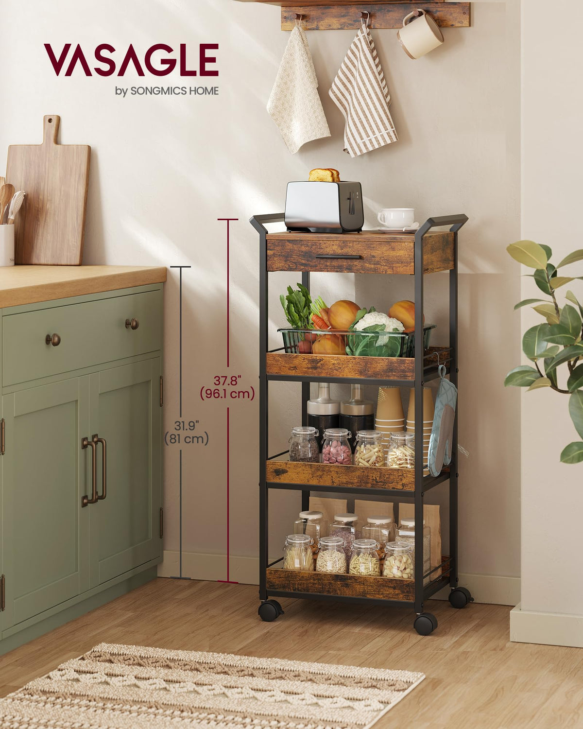 VASAGLE Storage Cart, 4-Tier Rolling Utility Cart with Table Top