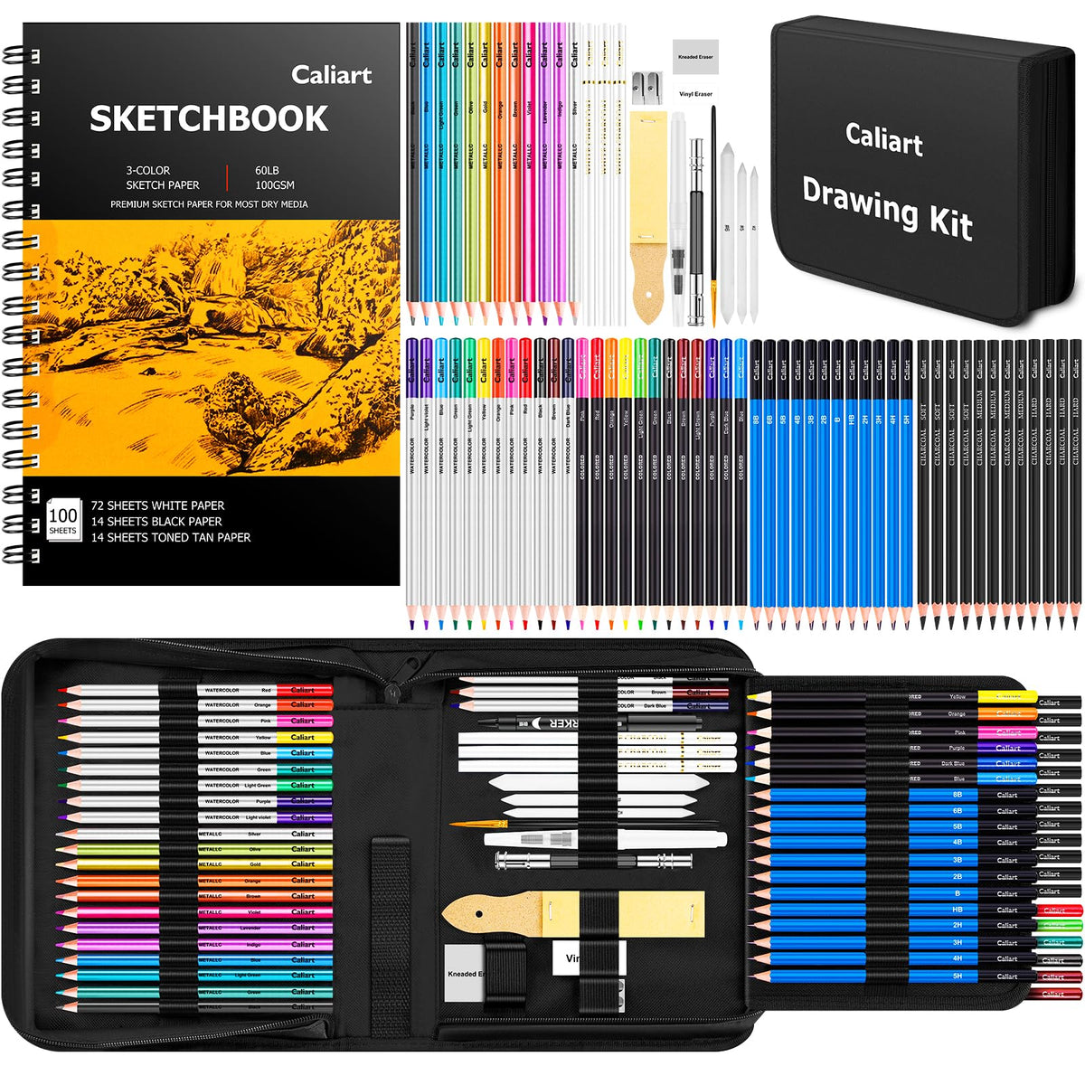 Caliart 176PCS Art Supplies Sketching Kit, 100 Sheets 3-Color Sketch Book