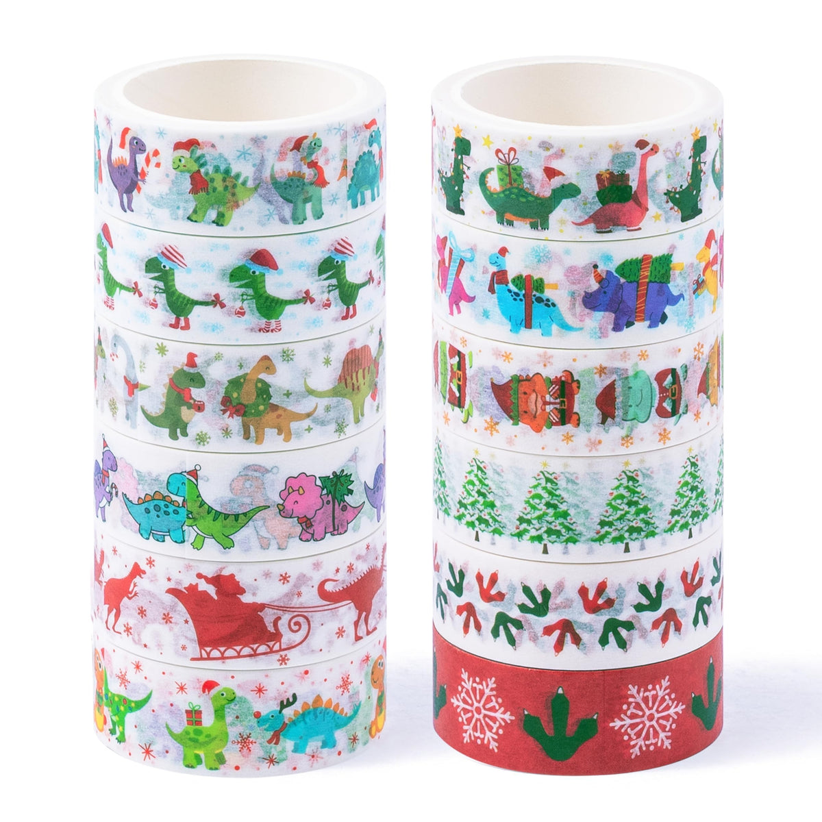 BkeeCten Christmas Dinosaur Washi Tape - 12 Rolls Dinosaur Footprints Christmas Trees Designs, Free