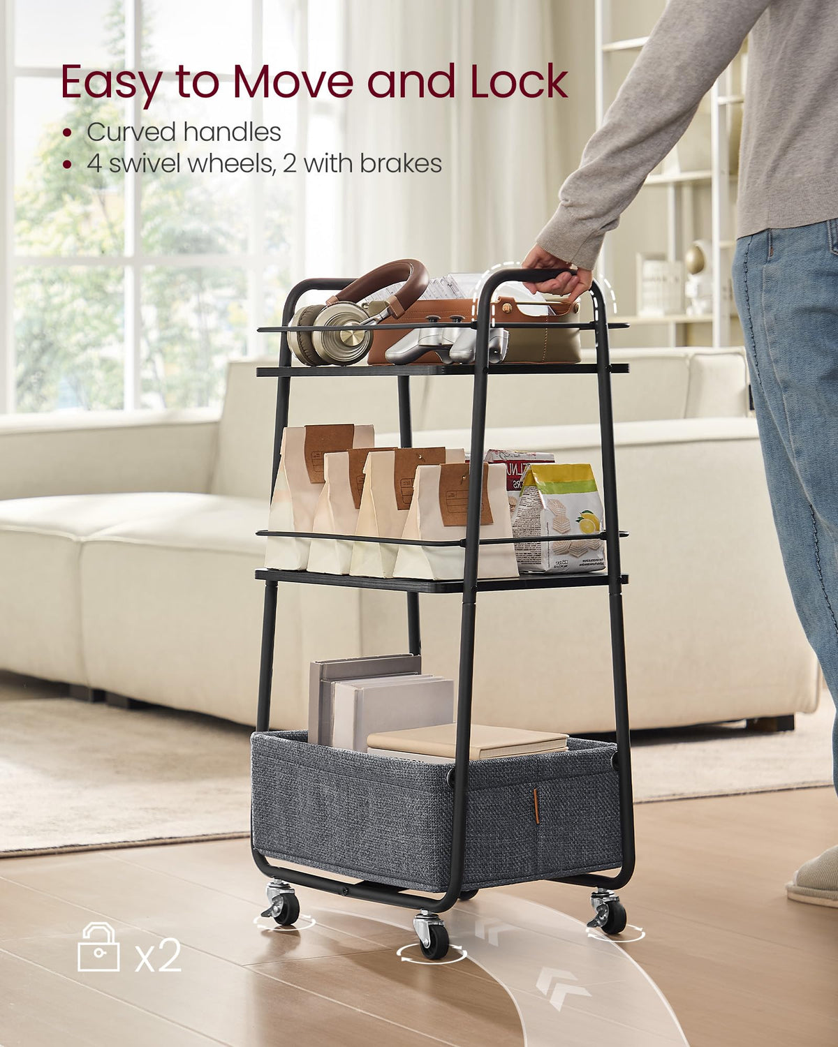 VASAGLE Storage Cart with Fabric Basket, 3-Tier Rolling Utility Cart