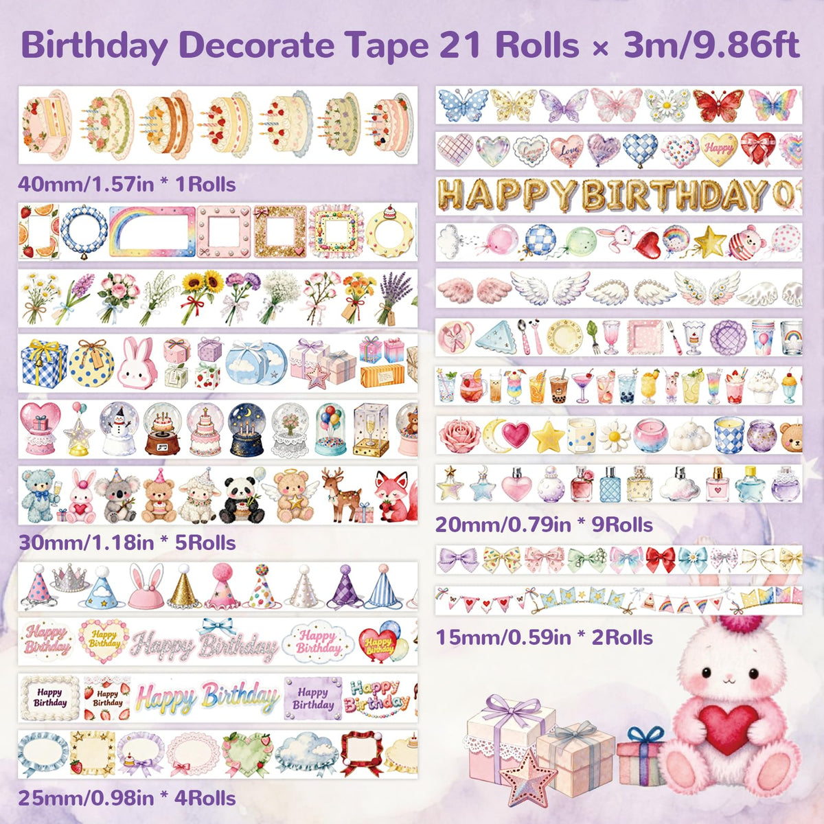 Birthday Washi Tape Set 21 Rolls for Junk Journal, Scrapbooking & DIY Craft
