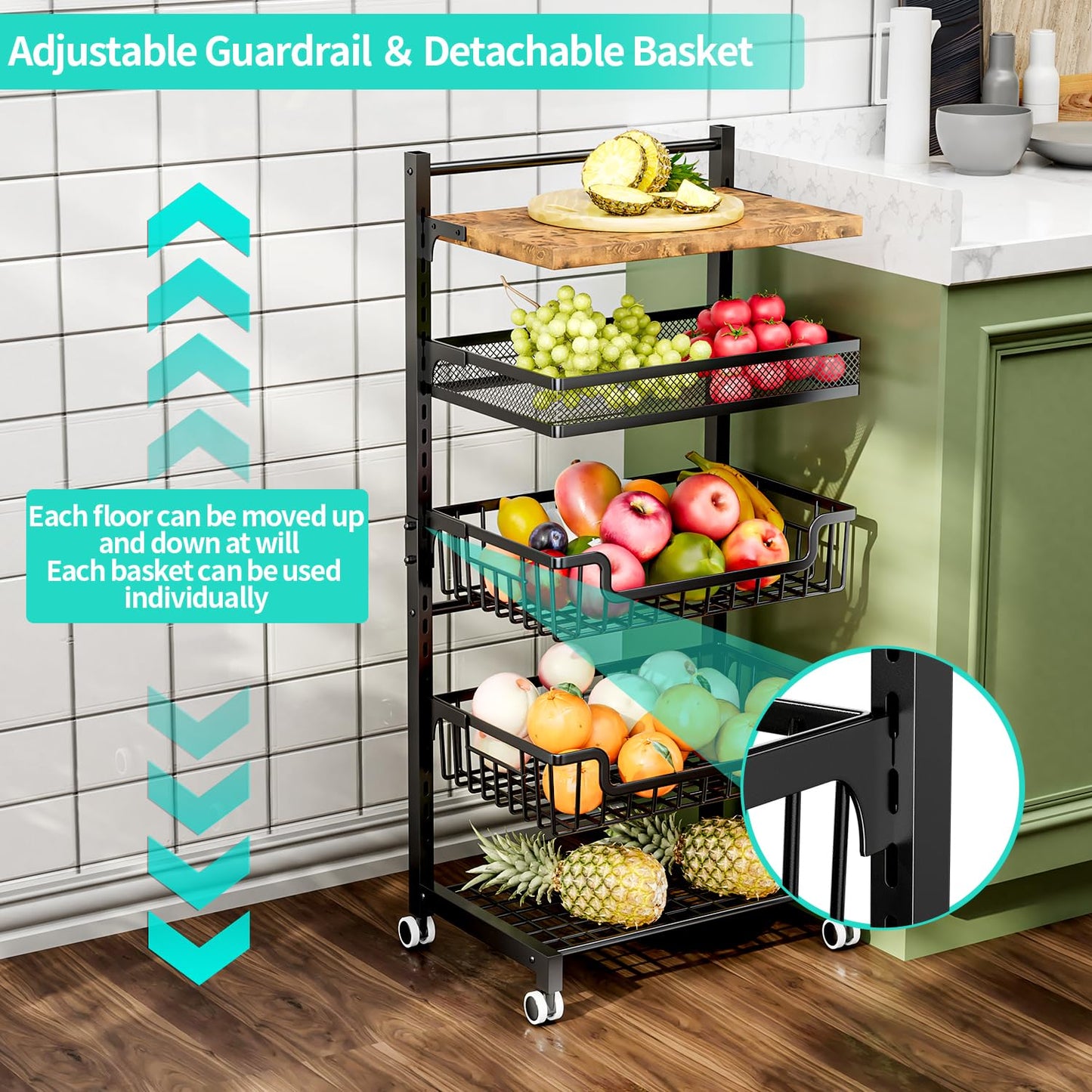 HapiRm Fruit Basket Kitchen Cart - Floor 5 Tier Adjustable Fruit and Vegetable Storage Rack, Large