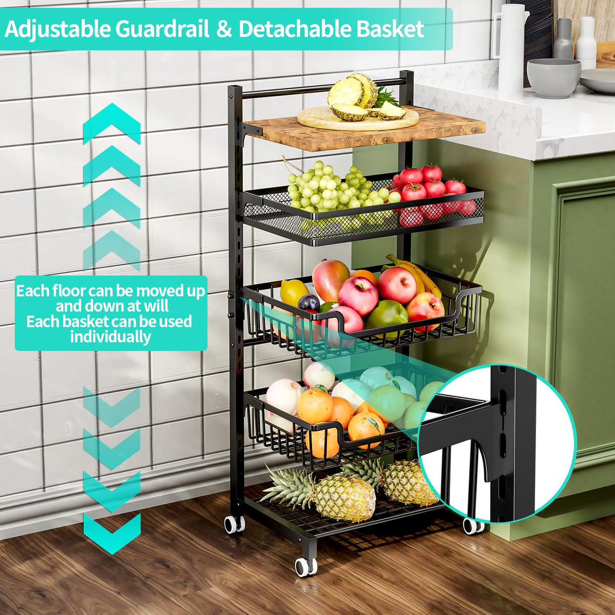 HapiRm Fruit Basket Kitchen Cart - Floor 5 Tier Adjustable Fruit and Vegetable Storage Rack, Large