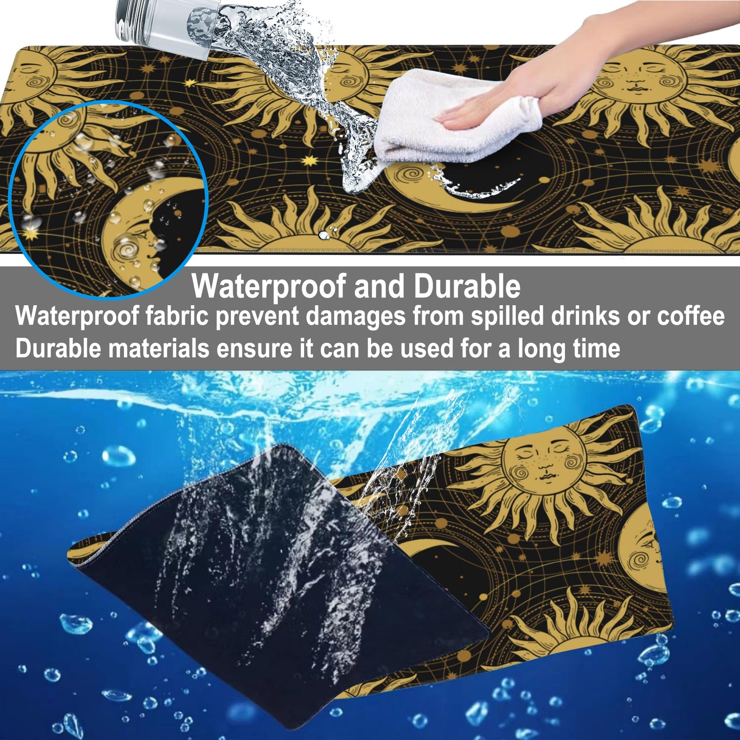 Mouse Pad, Large Golden Sun and Crescent Desk Mat, Extended Non-Slip Gaming Keyboard Mousepad Desk