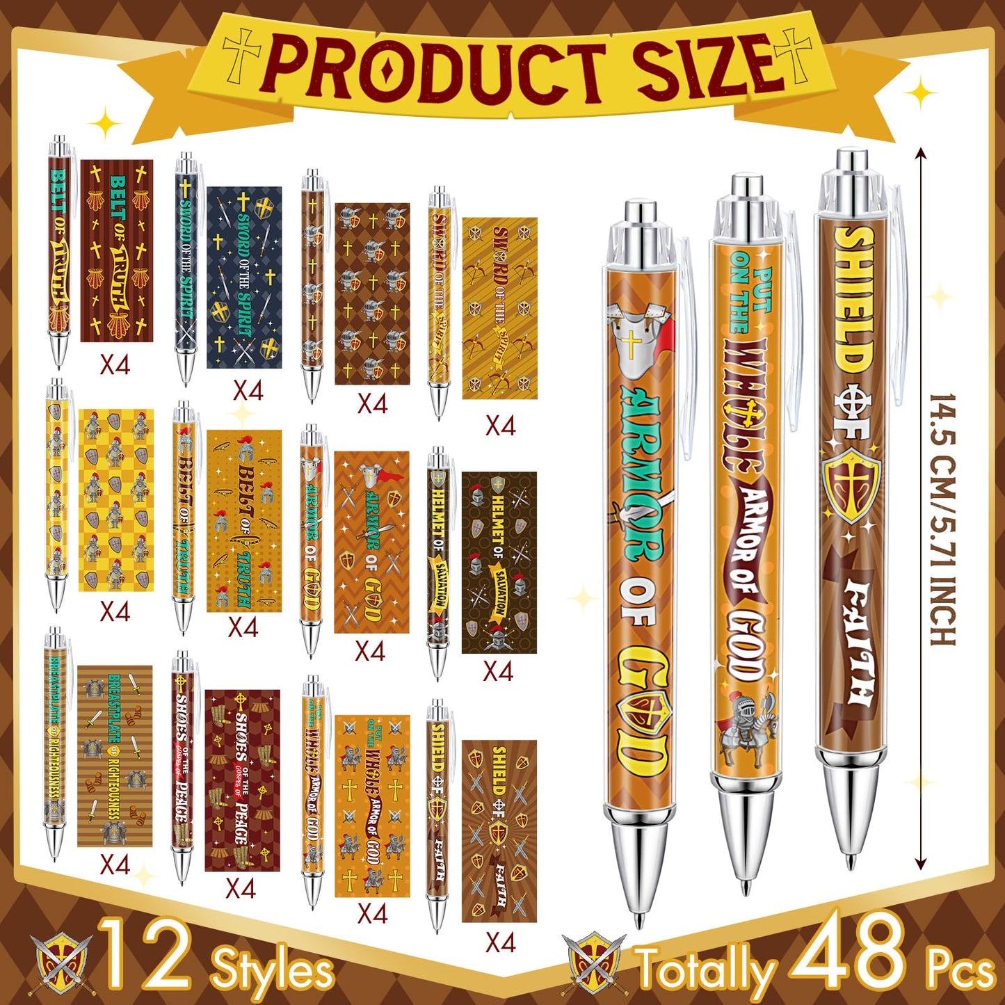 Dispowreath 48 Pcs Armor of God Party Favors Medieval Knight Pens Bulk Religious Christian Bible