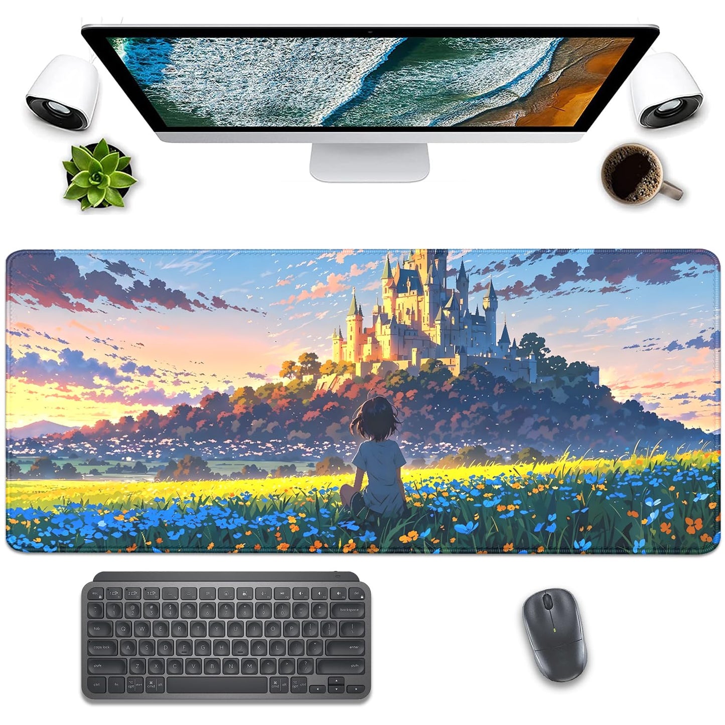 Cartoon Cute Fantasy Castle Sky Flowers Children Extended Desk Pad Mouse Pad,Stitched Edges