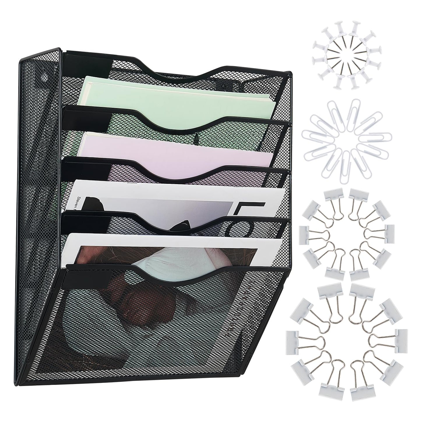 LEKETREE Wall File Organizer with Office Assorted, 5 Pockets Mesh Wall Mounted Hanging Files