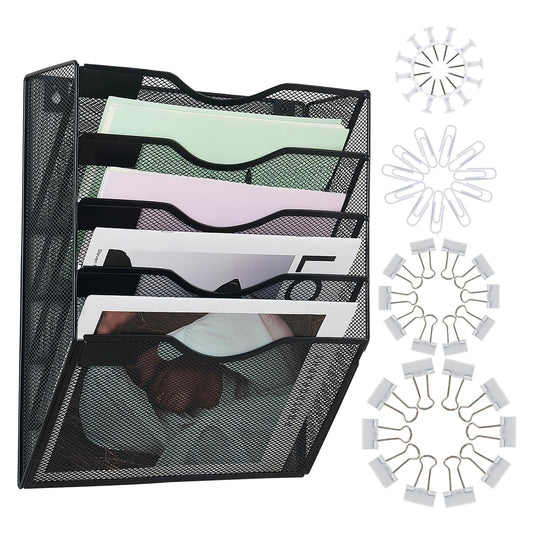 LEKETREE Wall File Organizer with Office Assorted, 5 Pockets Mesh Wall Mounted Hanging Files