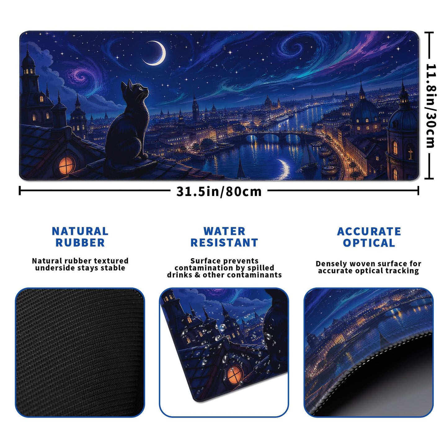 Starry Night Cat Mouse Pad Desk Mat XL Extended Large Gaming Desk Pad Mousepad, Oil Painting Art