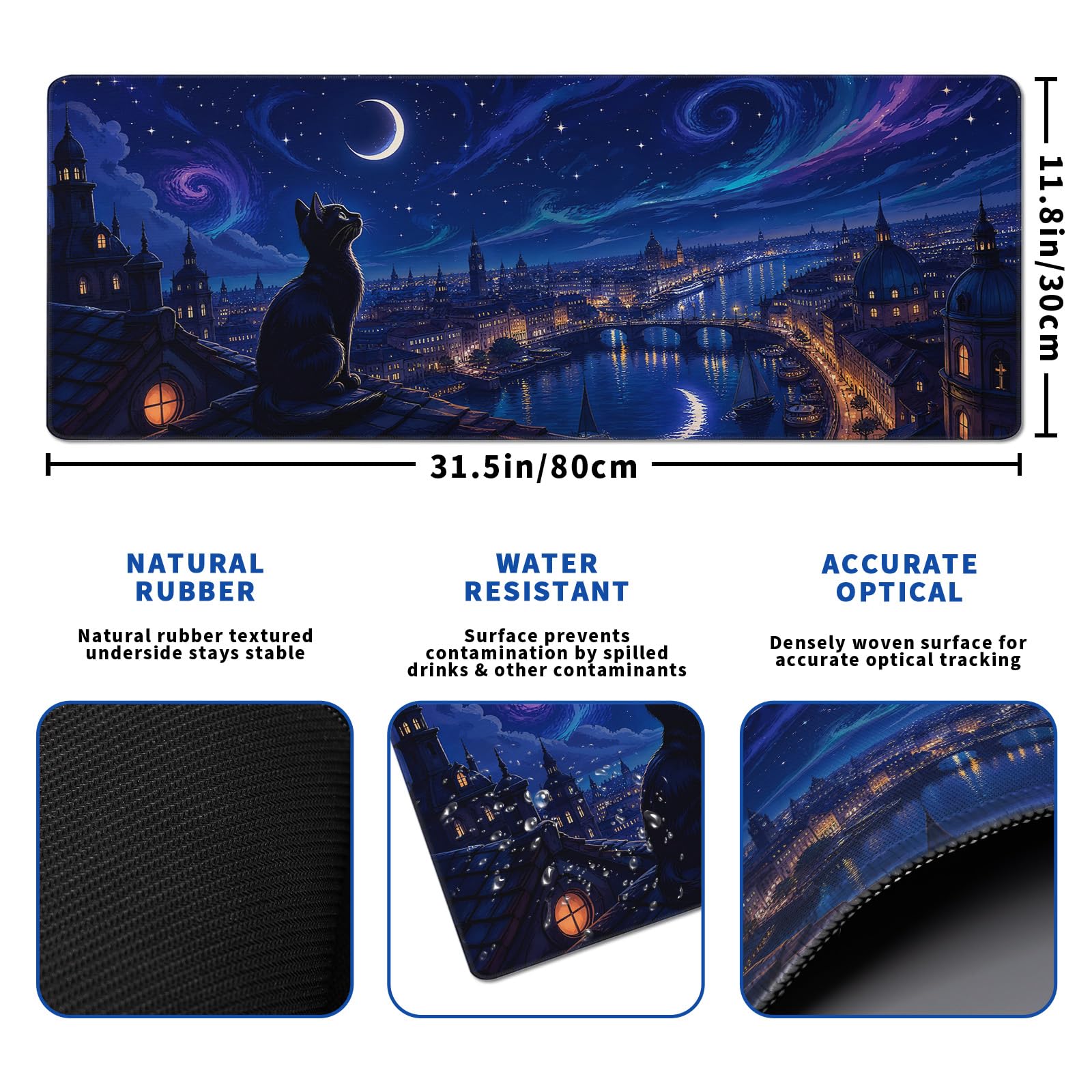 Starry Night Cat Mouse Pad Desk Mat XL Extended Large Gaming Desk Pad Mousepad, Oil Painting Art