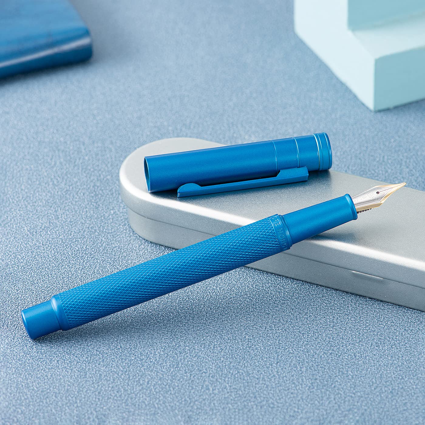 Hongdian 1851 Sky Blue Forest Fountain Pen Blade Nib Classic Design Calligraphy Pen with Converter