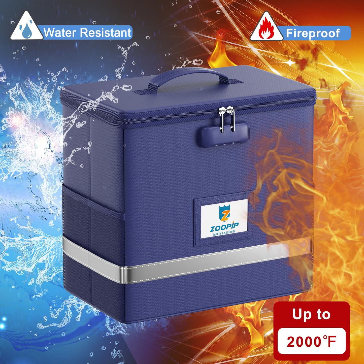 ZOOPIP Fireproof File Box with Lock, Collapsible Document Organizer, Blue