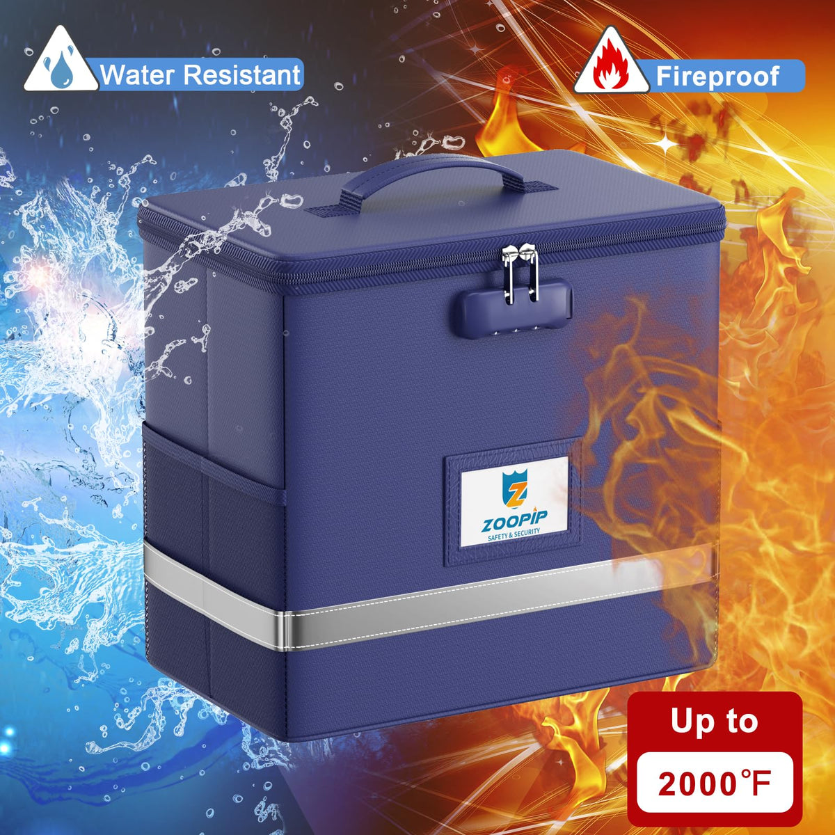 ZOOPIP Fireproof File Box with Lock, Collapsible Document Organizer, Blue