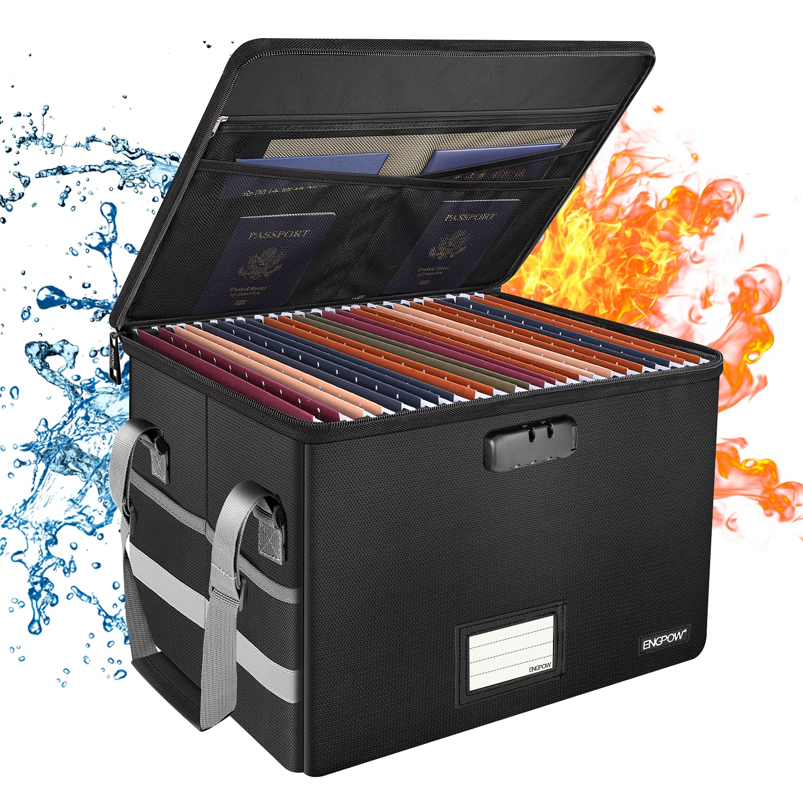 ENGPOW File Box with Lock,Fireproof Document Box with Zipper＆Pockets,Collapsible File Organizer
