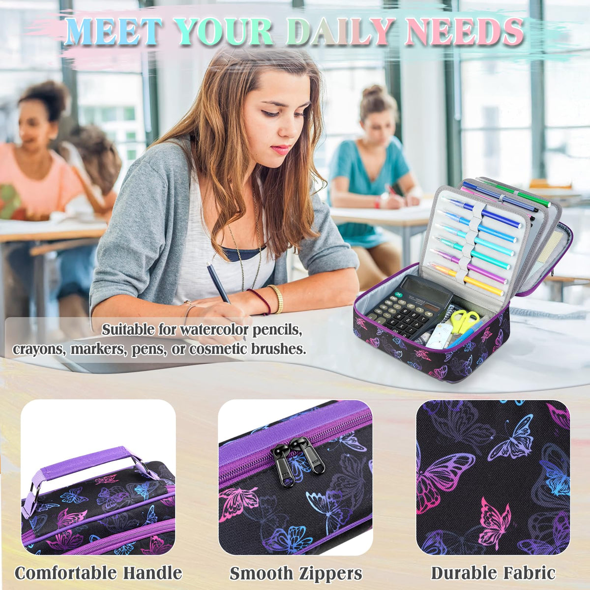 VX VONXURY Large Pencil Case, 54-Slot Colored Pen Pouch 2 Removable Sleeves