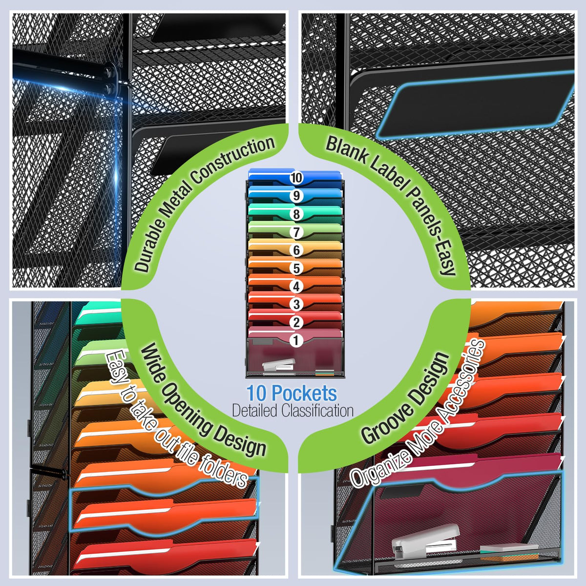 MINDEPOT 11 Tier Wall File Holder Hanging Wall Mount Paper File Organizer for Mails Folders