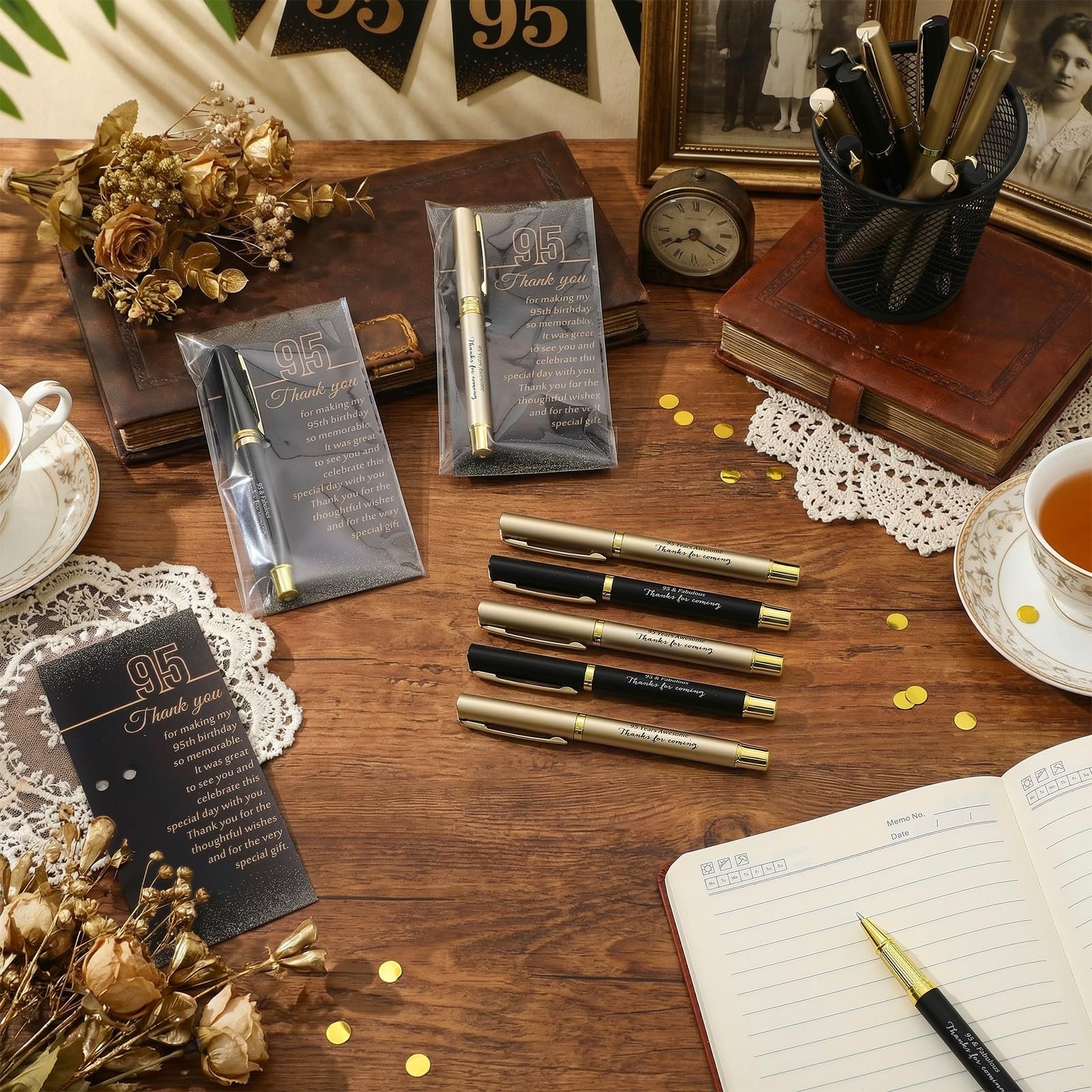 Feifeiya 50 Set 95th Birthday Favors with Black Gold Pens Cards