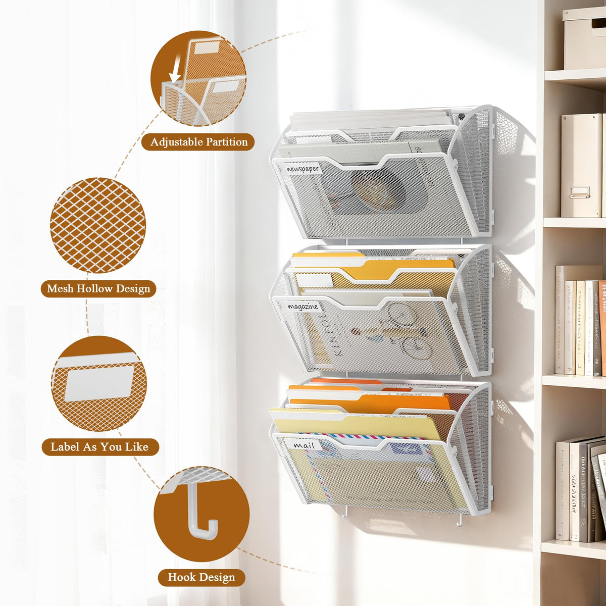 Docnest 3 Pack 3 Tier Mesh Wall File Holders with Hooks for Mail, White