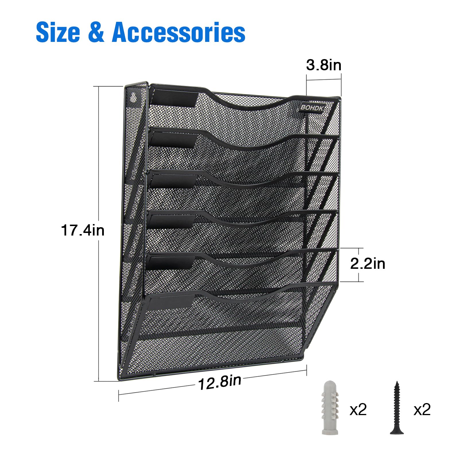 BOHDK Wall File Organizer, 6 Tier Hanging File Folder Mail Organizer, Vertical Mesh Metal Wall