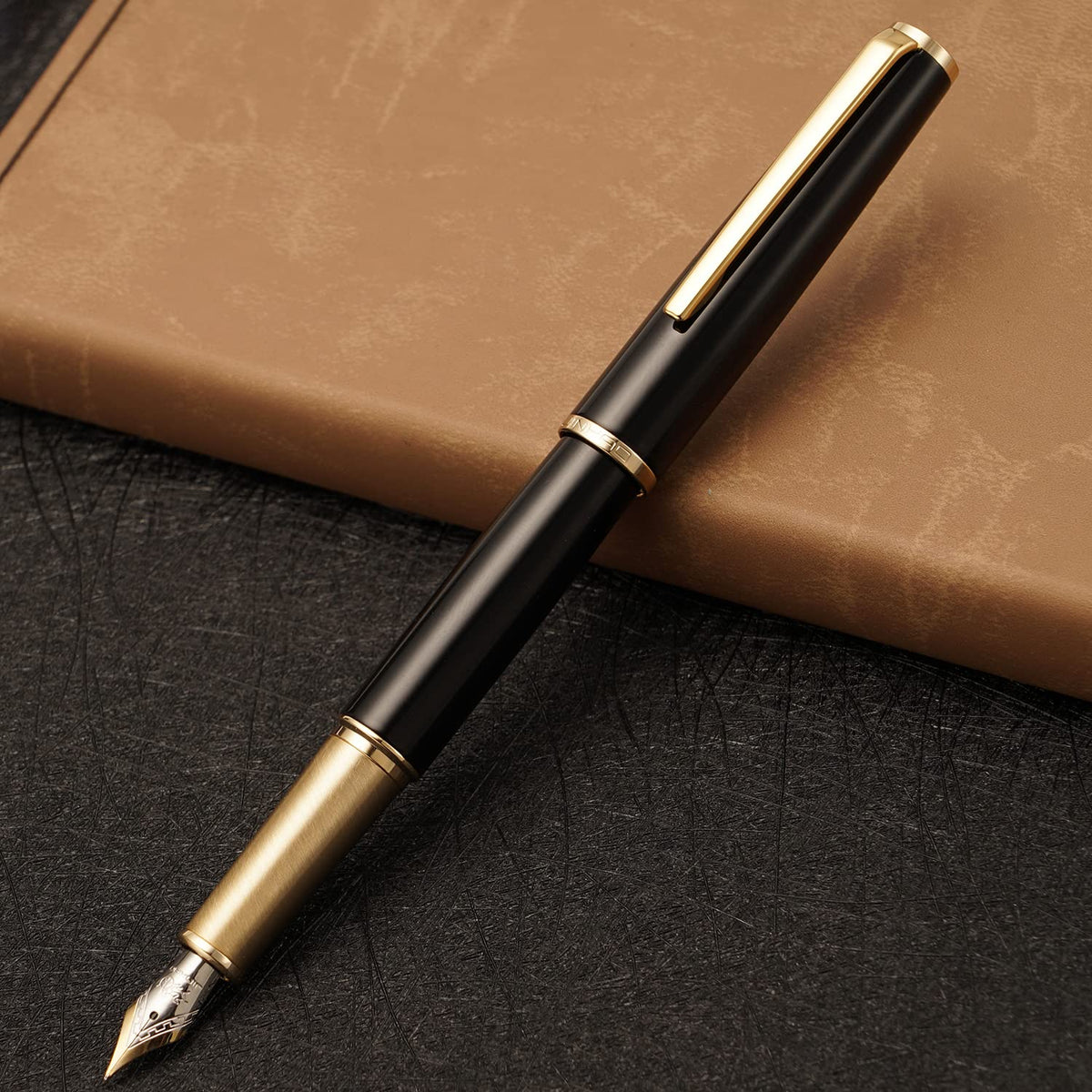 Jinhao 95 Metal Fountain Pen Fine Nib, Vivid Black with Golden Clip Writing Pen