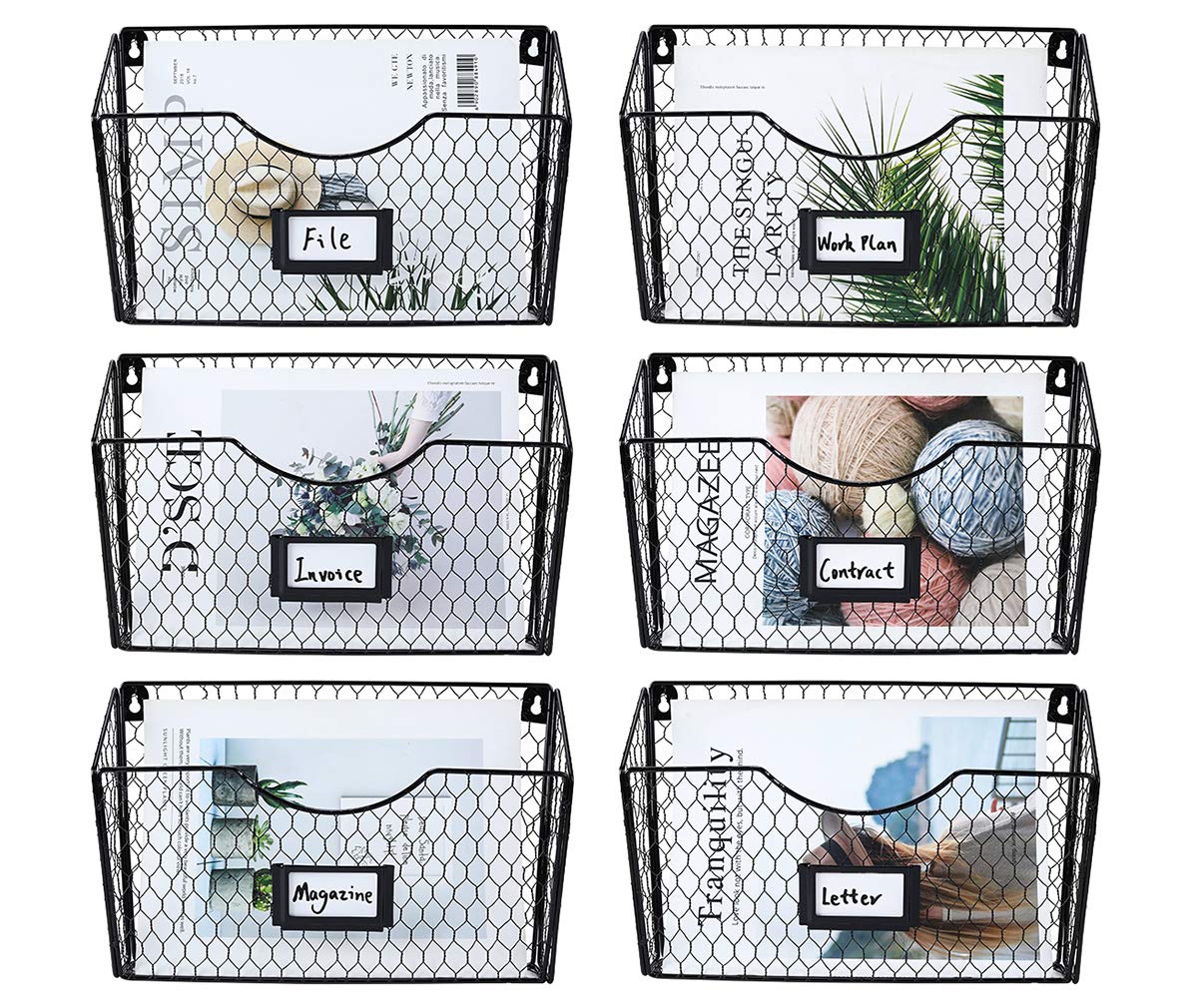 PAG-Mass 6 Pockets Hanging File Holder Wall Mount Mail Organizer Metal Chicken Wire Magazine Rack
