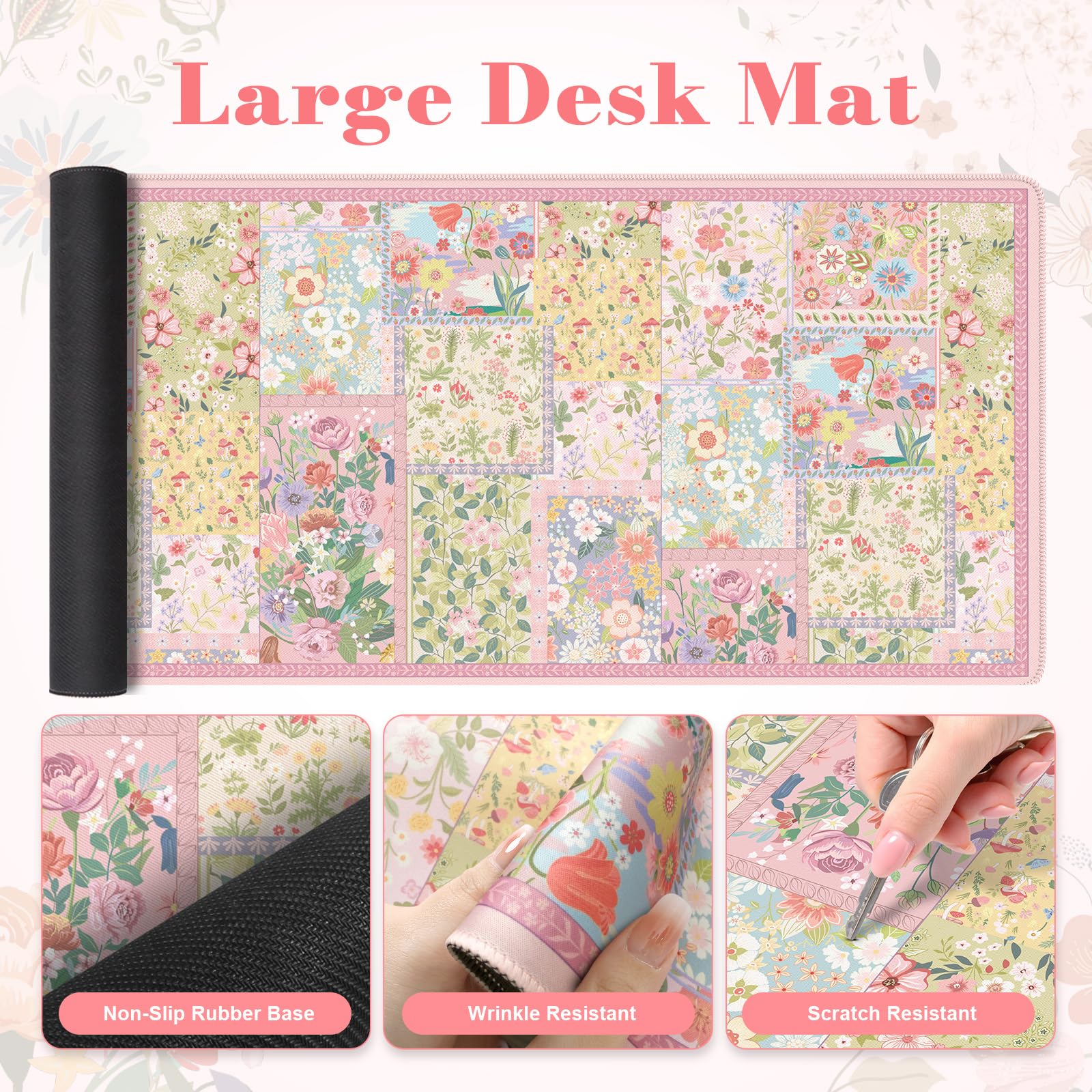 iLeadon Cute Floral Desk Mat Set, Non Slip Mouse Pad with Wrist Support