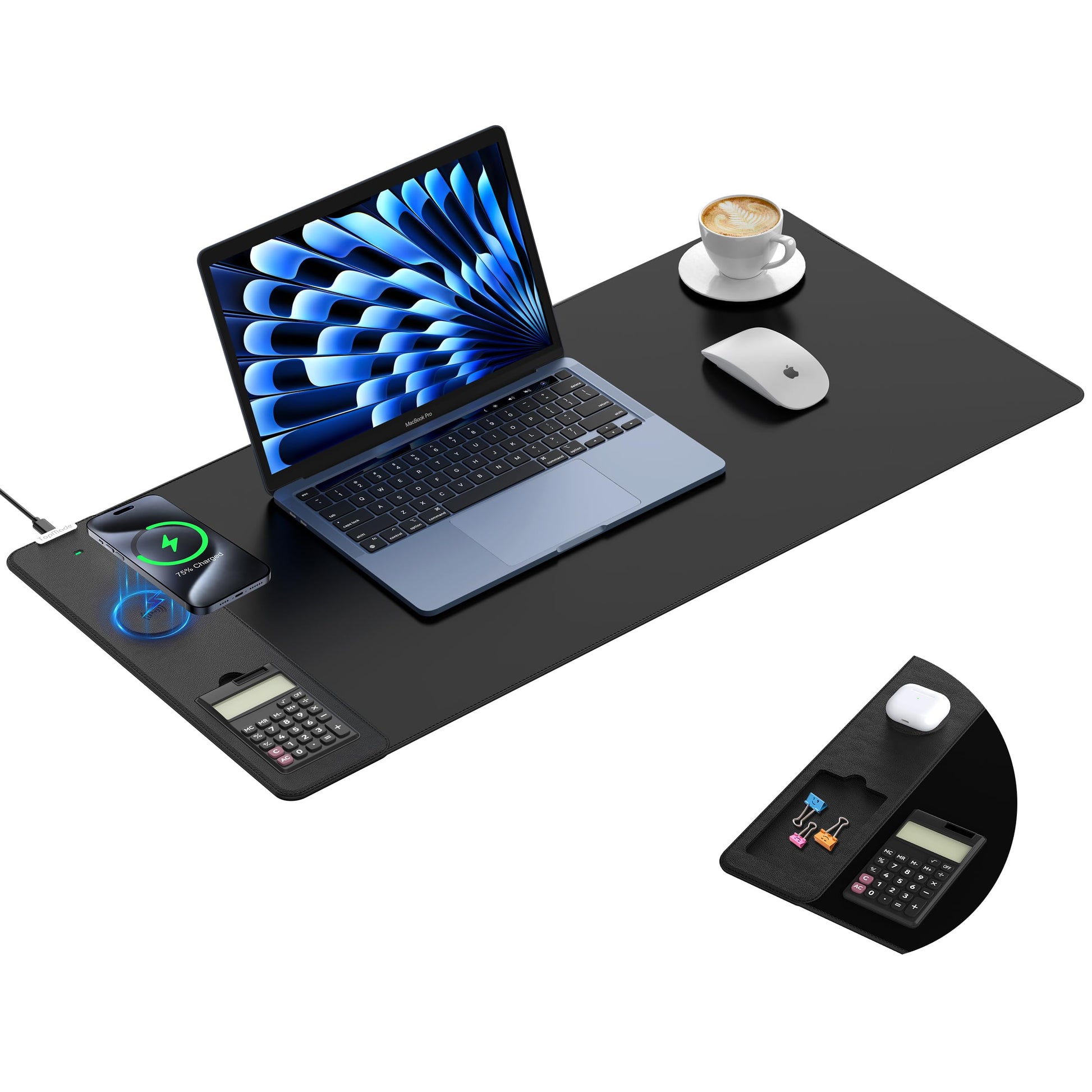 Mouse Pad with 15W Wireless Charging, Removable 8-Digit Solar Calculator