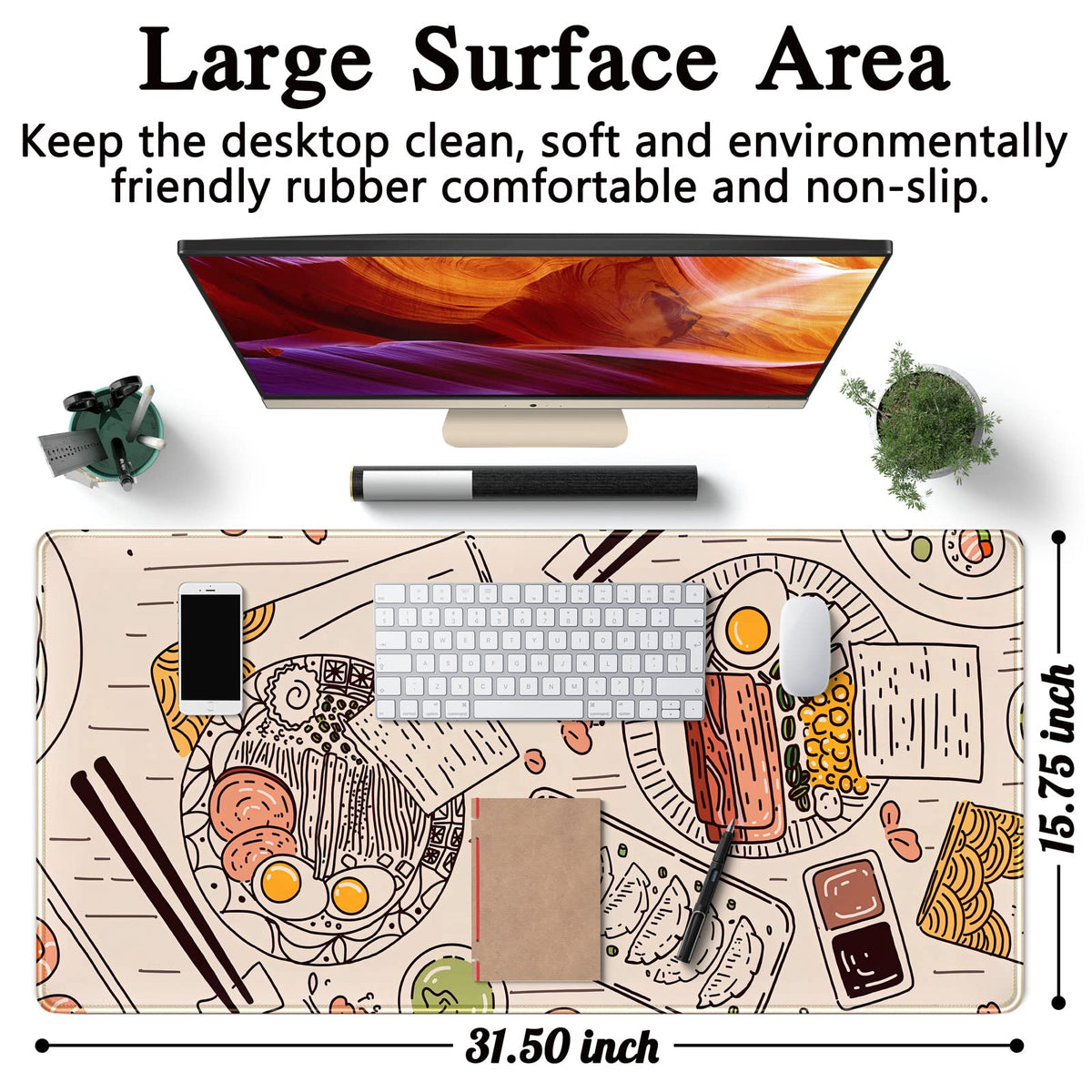 Japanese Ramen Sushi Food Desk Mat Beige XL Mouse Pad Large Full Desk Mousepad Gaming Extended