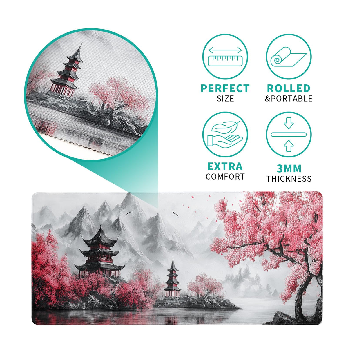 Retro Cherry Blossoms Mouse Pad 31.5x11.8 Inch White Full Desk Japanese Mousepad Extended Large