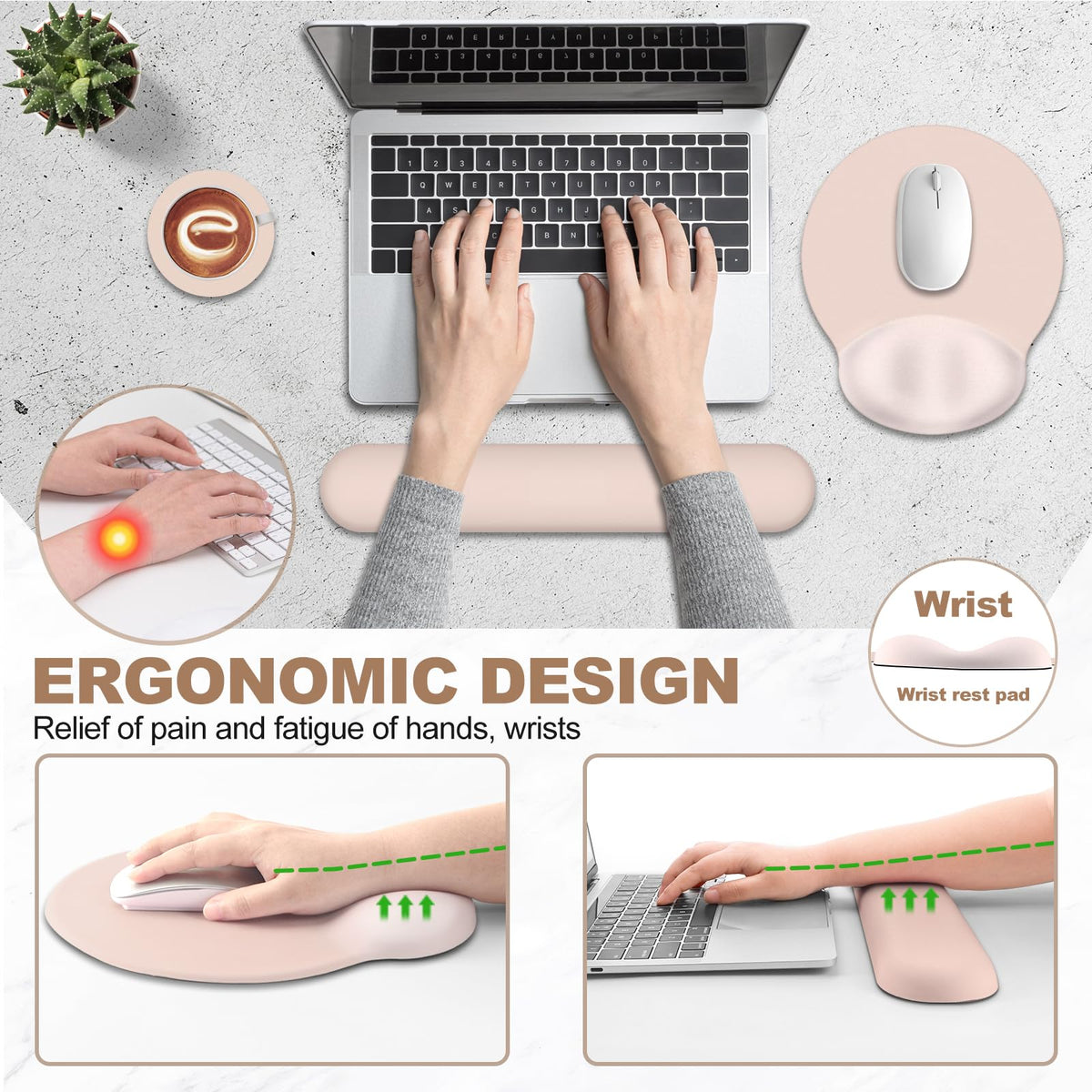 AIMSA Mouse Pad with Wrist Rest Support, Keyboard Wrist Rest Set, Ergonomic Memory Foam Mousepad