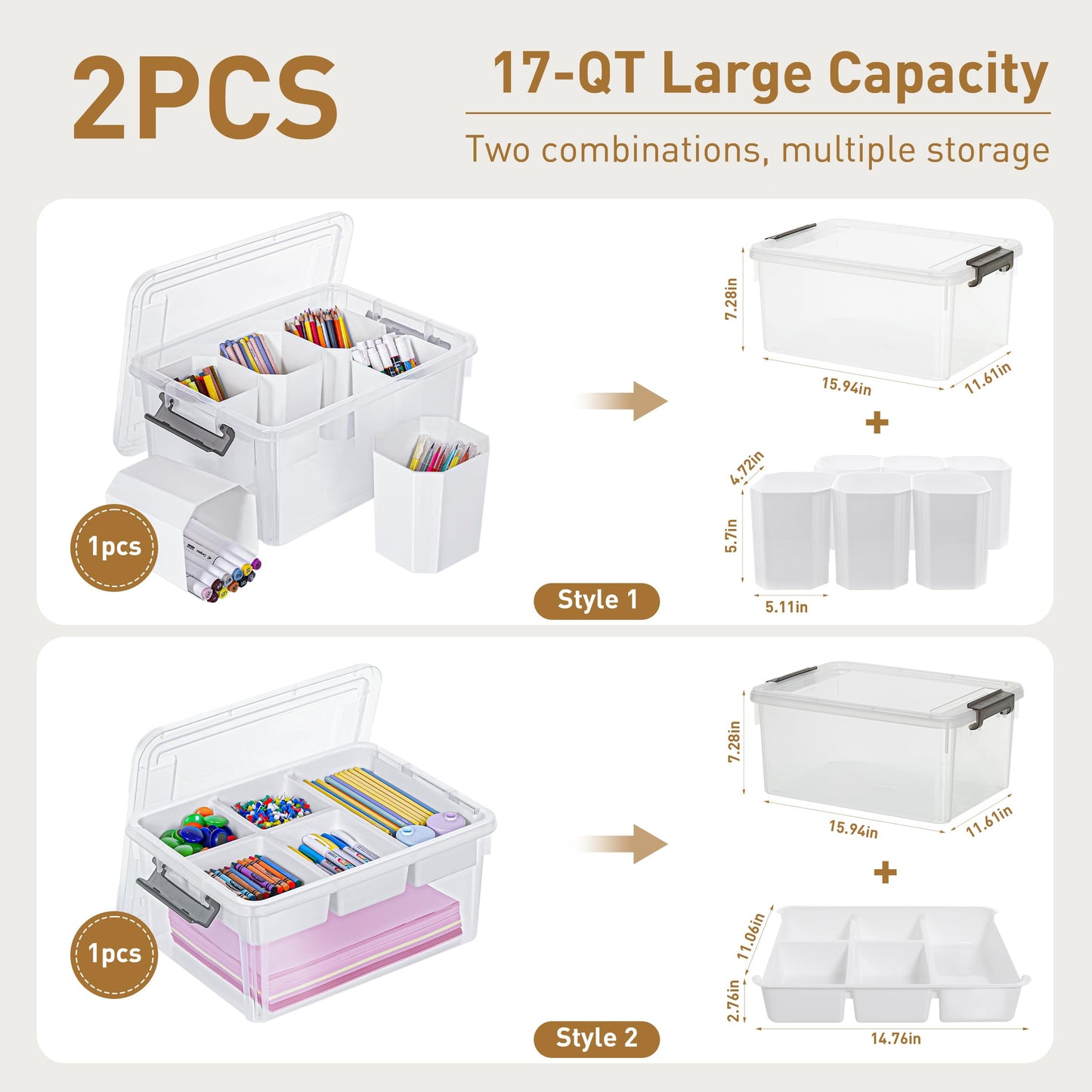 Citylife 17QT 2Packs Clear Craft Organizers and Storage Bins with Lids