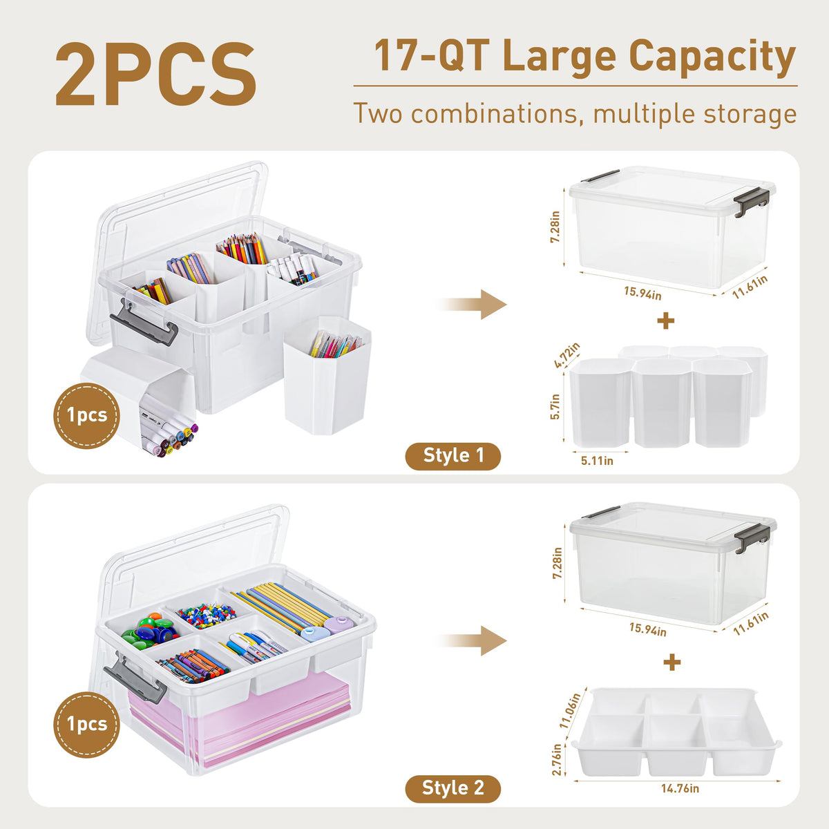 Citylife 17QT 2Packs Clear Craft Organizers and Storage Bins with Lids