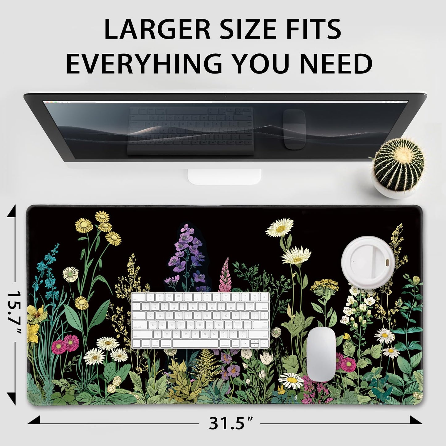 Mcapirivo Wildflower Black Large Gaming Mouse Pad Desk Mat 31.5"x15.7"