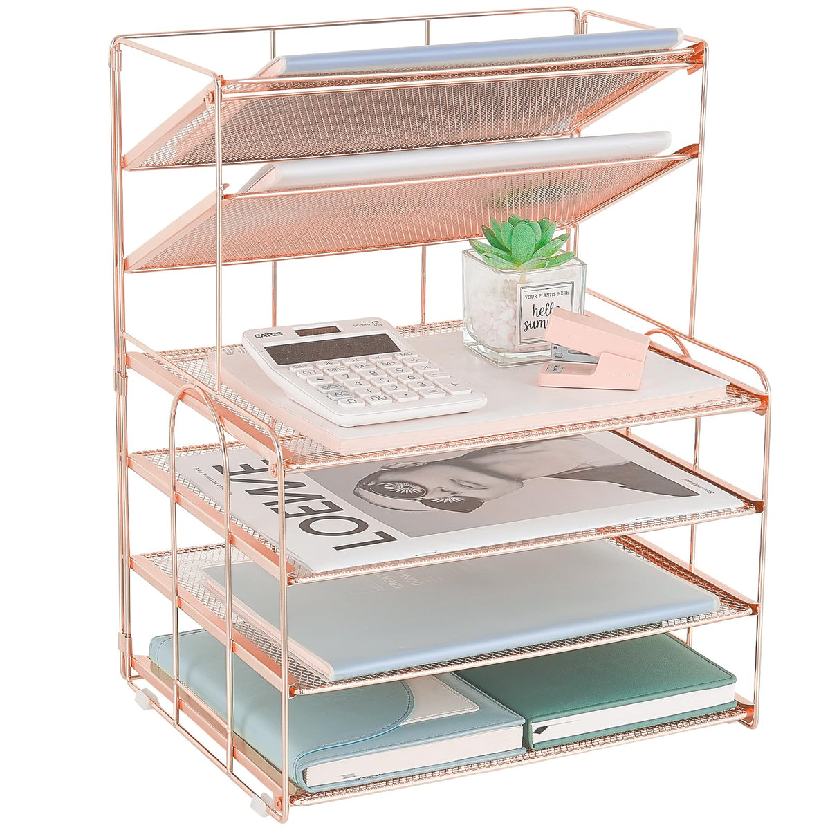 OPNICE Desk Organizer, 6-Tier Paper Organizer Letter Tray, Rose Gold