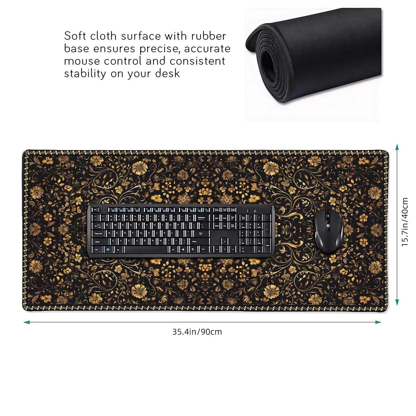 Floral Aesthetic Daisy Gaming Mouse Pad, Black Gold Baroque Desk Mat with Anti-Slip Base & Stitched
