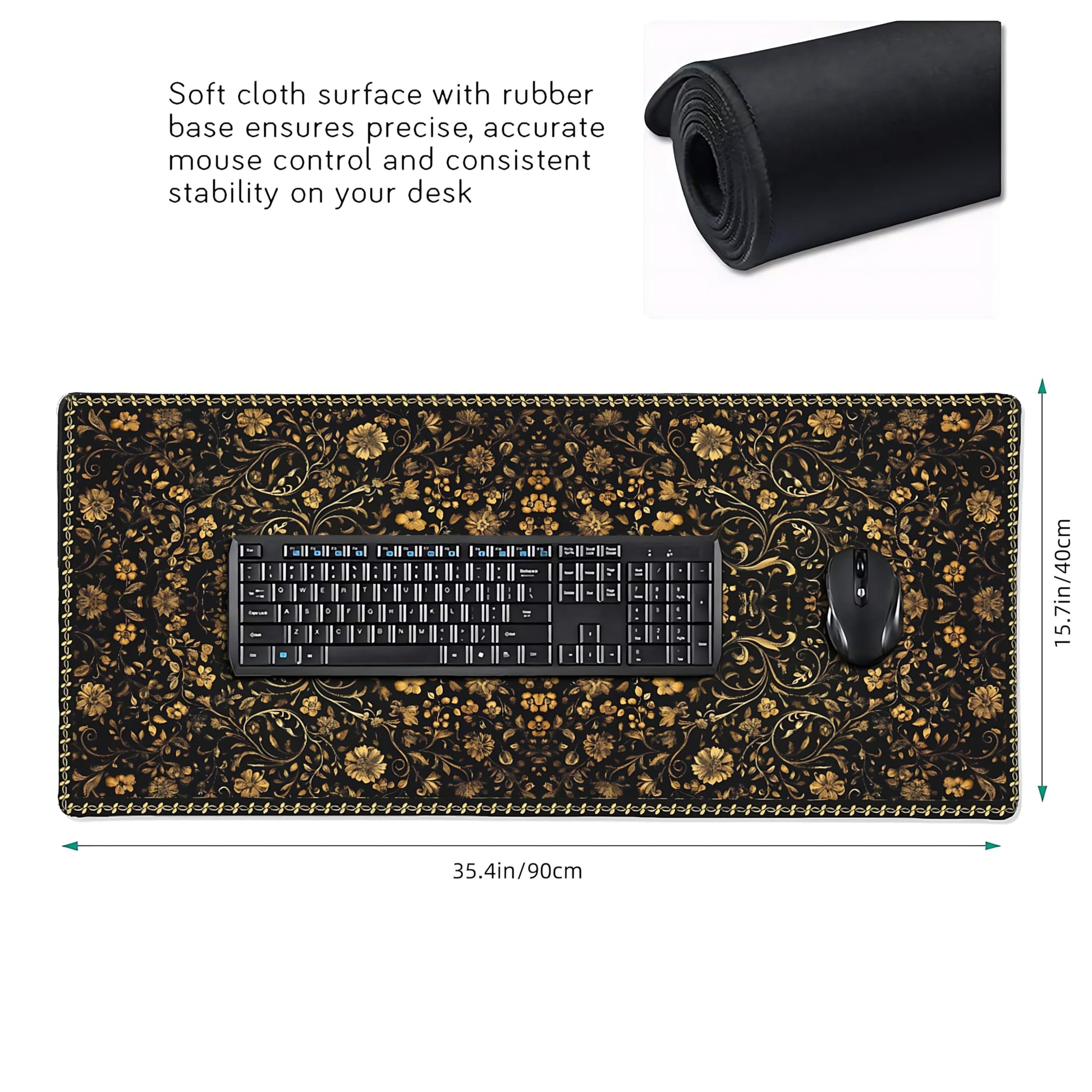 Floral Aesthetic Daisy Gaming Mouse Pad, Black Gold Baroque Desk Mat with Anti-Slip Base & Stitched