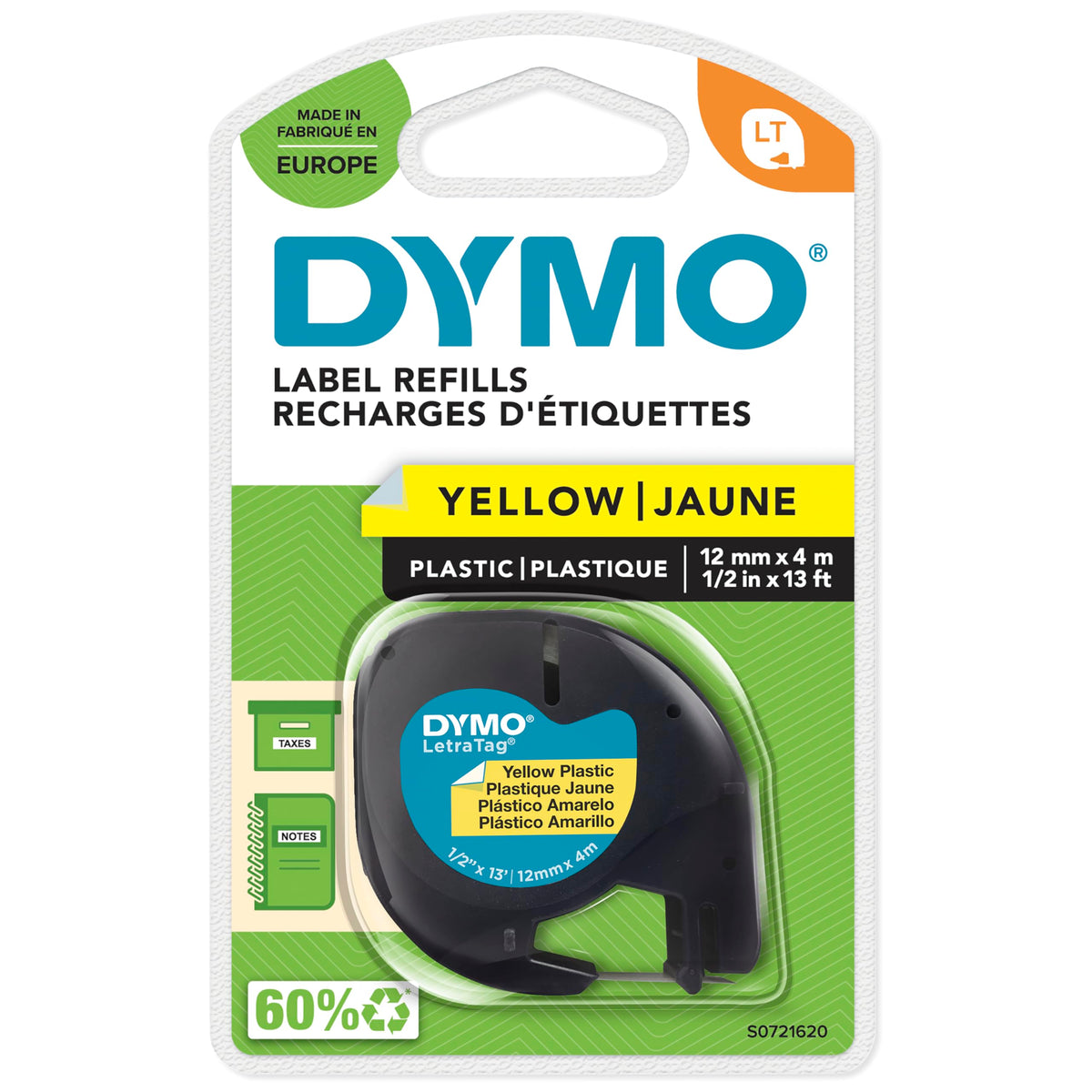 DYMO Authentic LT Plastic Labels | 12mm x 4m Roll | Black Print on Yellow Labels | for LetraTag