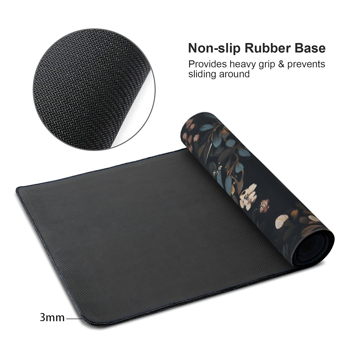 Floral Aesthetic Rose Gaming Mouse Pad, Black Dark Botanical Desk Mat with Anti-Slip Base &