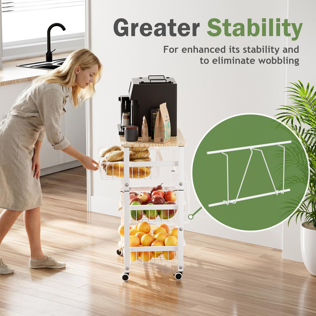 JAQ Slide Out Fruit Vegetable Basket for Kitchen, 4-Tier Rolling Storage Cart with Wooden Handle &