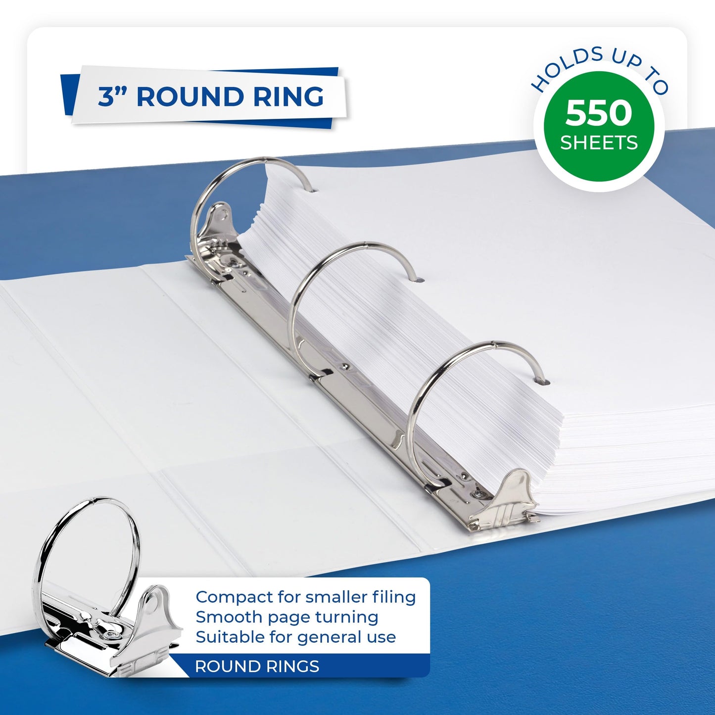 Samsill 3 Inch 3 Ring Binders, Economy Round Ring, Clear View Cover, 550 Sheet Capacity - for