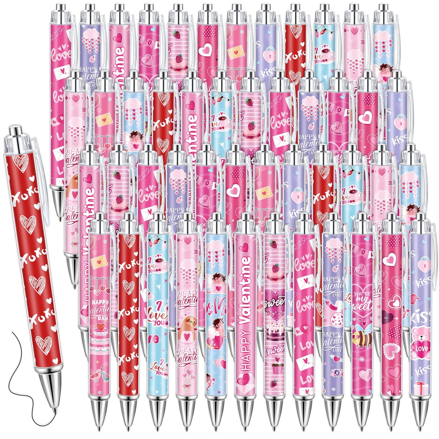 Dispowreath 48 Pcs Valentines Day Pens Bulk Valentine Gift Pen Set Heart Pens Love Gel Ink Pen Cute