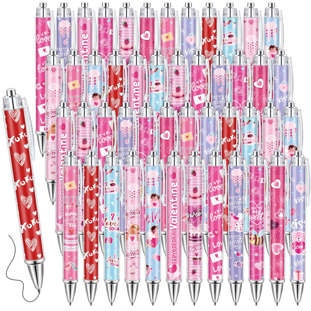 Dispowreath 48 Pcs Valentines Day Pens Bulk Valentine Gift Pen Set Heart Pens Love Gel Ink Pen Cute