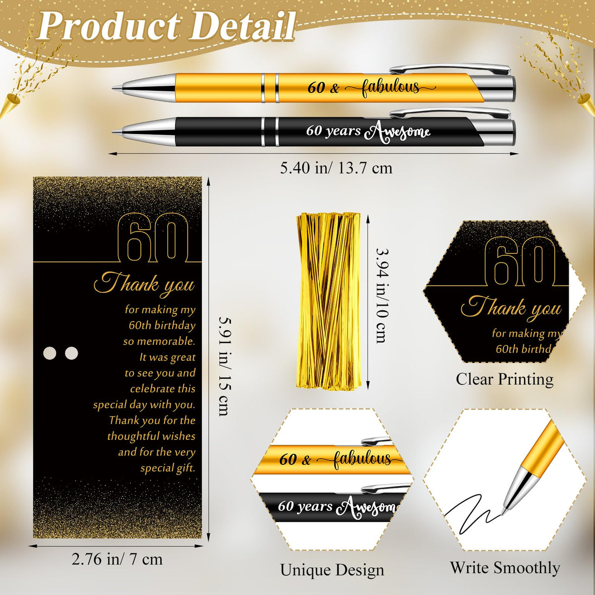 Feifeiya 50 Sets 60th Birthday Party Favors with Black Gold Pens Thank Card