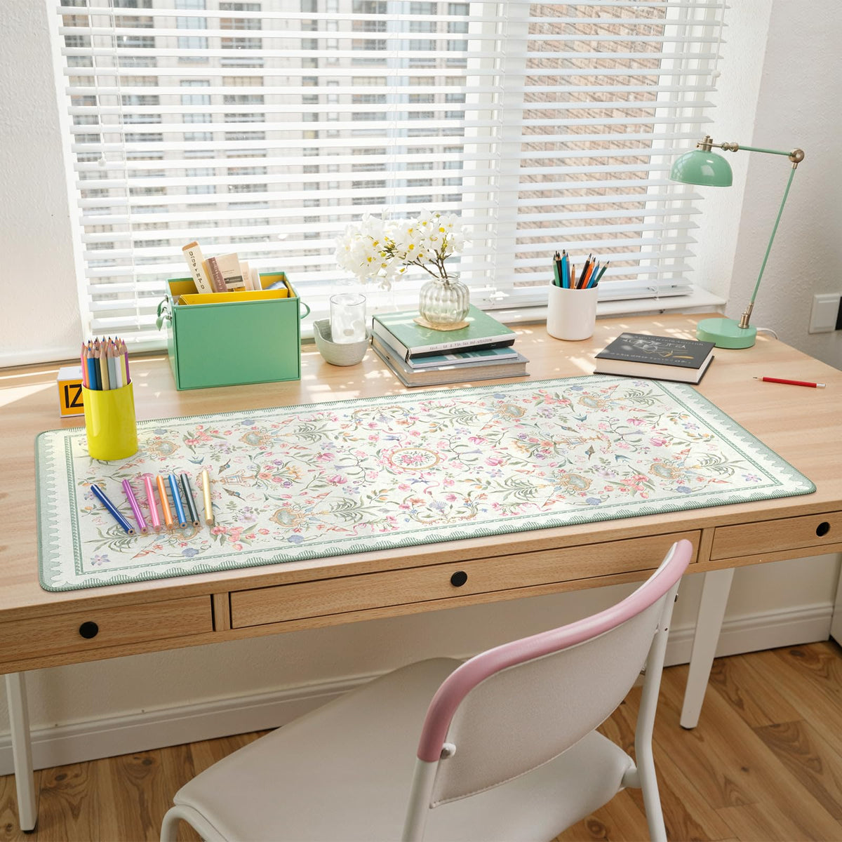 HAOCOO Green Desk Pad, 35.4" x 15.7" Vintage Floral Keyboard Mat for Office